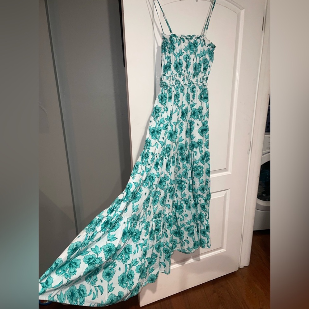 CELINA MOON Teal Floral Smocked Bodice Tiered Maxi Dress - Picture 7 of 11